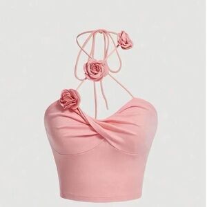 Elegant Pink Halter Top with Floral Accents